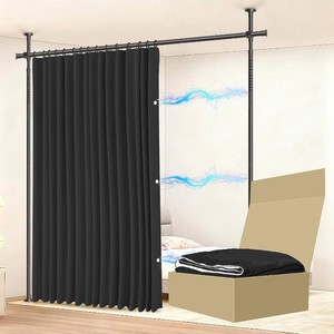 JILRON No-Drill Room Divider Curtain Set Includes 106 W x 84 L Black Curtain & Adjustable Pole Brackets (35-100 W x 43-120 H Adjustable Range)