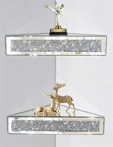 Mirrored Floating Corner Shelf Set of 2 - 11.8 Triangle Silver Mirror Crushed Diamond Wall Shelves for Home Decor, Crystal Diamond Art Deco Display for Living Room, Bedroom - 90 Right Angle Only