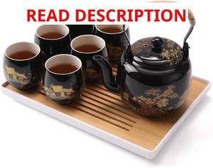 Dujust Japanese Tea Set, Black Porcelain Tea Set with 1 Teapot Set, 6 Tea Cups, 1 Tea Tray, 1 Stainless Infuser, Beautiful Asian Tea Sets for Adults, Tea LoverWomenMen (Countryside in Golden)