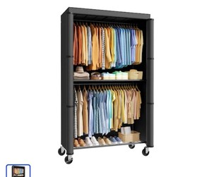 Sakugi Portable Wardrobe Closet with Cover, 35.4 x17.7 x79.7, Black  Double Hanging Space, Extra Storage Shelves, Open Front, Lockable Wheels, Rust-Resistant, Heavy Duty Metal Frame