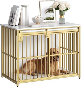 $130 HOOBRO Dog Crate Furniture, 36.6 Heavy Duty Dog Kennel with Sliding Barn Door, Wooden Dog Cage Indoor, Decorative Side End Table for SmallMedium Dogs, White and Gold GD162GW03G1