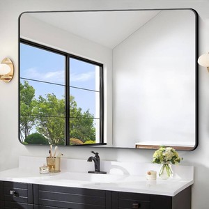 $146 FORBATH Large Bathroom Mirror 48 x 36 Inches Black Large Wall Mirror Aluminum Frame Wall Mounted Rounded Corner Morndern Mirror for Bathroom Bedroom Entryway Living Room Black 48L x 36W