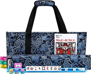 American Mahjong Tile Set Include 166 Tiles 4 All-in-One Mahjong RacksPushers with Blue Carrying Bag Complete Mahjong Game Set