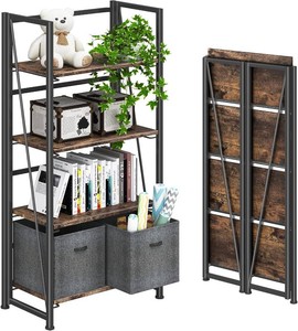 $130 4NM No Assembly Folding Bookshelf Storage Shelves 4 Tier Vintage Bookcase Standing Racks for Bedroom Living Room Home Office