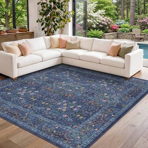 $130 Dark Blue Washable 8x8 Square Living Room Rugs, Non Slip Big Area Rug for Dining Room, Boho Low Pile Vintage Blue Carpet for Bedroom Under Bed (8x8 Dark Blue)