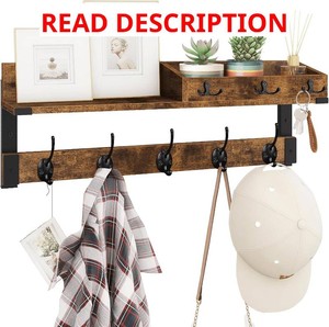 Homode Coat Rack with Shelf, Wall Shelf with Hooks, Rustic Brown Black