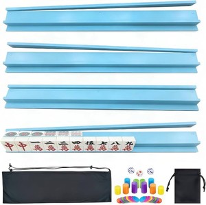 4 PCS Mahjong Racks with Pushers, Blue Wooden Mahjong Racks with Detachable Magnetic Pushers, Mahjong Tile Pushers and Racks, Includes Chips, Dice & Storage Bags, Mahjong Accessories (19.68 Inch)