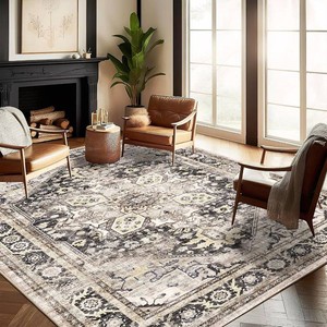 CHAMPLANT Washable Area Rug 8x10 Black-Purple Khaki Retro Boho Design Non-Shedding Non-Slip Easy Care Ideal for High Traffic Areas in Living Room Bedroom Office Coffee Table Kitchen Large Carpet