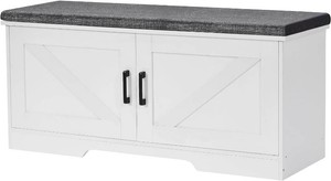 HOMSHO Farmhouse Shoe Storage Bench with 2 Barn Doors & Padded Seat Cushion