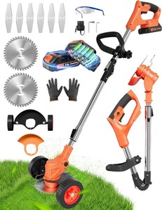 Cordless Weed Wacker, Electric Weed Eater Battery Powered, Foldable 3 in 1 Grass TrimmerLawn EdgerBrush Cutter with 2 Batteries Removable Wheels