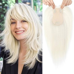 Flufymooz 100% Real Human Hair Toppers, 12 Inch Human Hair Toppers for Thinning Hair Large Hand-woven Area 360  Coverage Natural Hairpiece Wiglet for Women Daily 5x3 Silk Base (White Platinum Blonde)