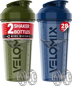 VELOMIX 2 Pack 28oz Protein Shaker Bottle for Protein Mixes, BlueGreen