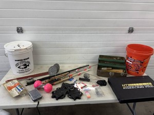 Ice Fishing Lot with Rods, Knelling Pad, Ice Scoops and more