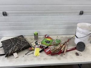 Ice Fishing Lot with Rods, Seat Pad,  Ice Scoops and more
