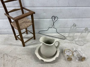 Vintage Small Bowl and Pitcher, Childs antique Hanger, 2 Vase wall Sconces, Wooden Doll High Chair