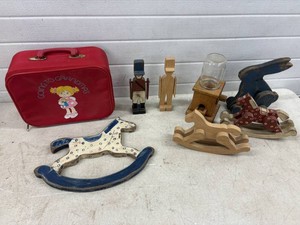 Vintage Wood Toys, Gum Ball Dispenser and toy Suitcase