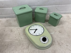 3 Vintage Kitchen Containers with Matching Clock