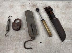 Railroad Lock, Vintage Scales, Vintage Knife with Sheath