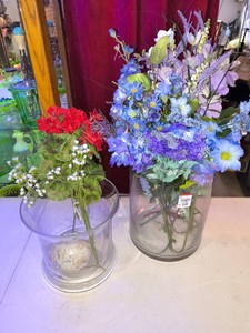 LARGE Clear Glass Vases - Lot of 2 - Comes with Flowers and Decor