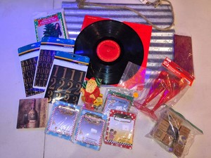 Misc Christmas Lot - Tin Wall Hang, Vinyl Record, Tree removal bag, Champagne Glasses, Stickers, Mini Christmas Notepads, Bag of Vintage Blocks