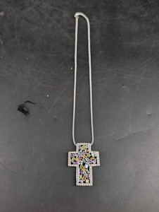925 Sterling Silver Multicolor Gemstone Cross Pendant Necklace