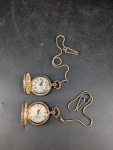 Vintage Quartz Pocket Watch Pair With Chains