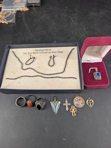 Mixed Sterling Jewelry Lot - Sterling Rope Chain, Rings & Cross Pendants