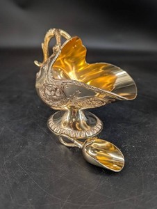 Ornate Silver-Tone Pedestal Serving Basket & Spoon