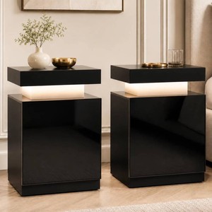 Nightstand Set of 2 with RGB LED Lights, Storage Cabinet, Black