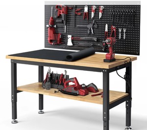 Enjoywood Workbench, 60-in Table 2 Tier with Pegboard Outlets