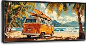 Large Beach Surfboard Bus Wall Art for Living Room, Coastal Landscape Canvas Oversized Wall Decor, Seaside Plam Framed Pictures Painting Print Artwork for Bedroom Office 60L x 30W