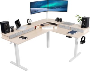Electric Corner Standing Desk, L-Shaped, 63 x 55 Light Wood Top Holds 225 lbs, 3 Leg