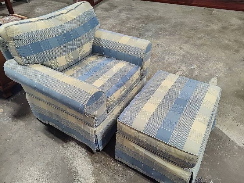 Cochrane Furniture Blue Plaid Chair & Matching Ottoman