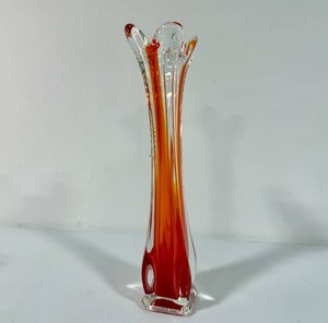 Vintage Orange and Clear Swung Glass Vase with Ruffled Rim