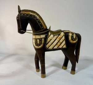 Vintage Hand Carved Indian Armored Wooden Horse Figurine with Brass and Shell Accents