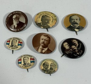 Vintage Political Pins - Theodore Roosevelt, Robert A. Smith, Gov. Van Zant and more.