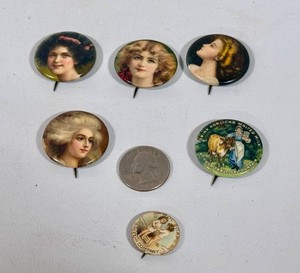 Vintage Pins - Victorian Women, Morlicks Malted Milk, Wool Soap Swift and Company