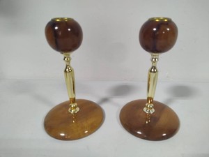 Oregon Myrtlewood & Gold Tone MCM Style Candle Holders
