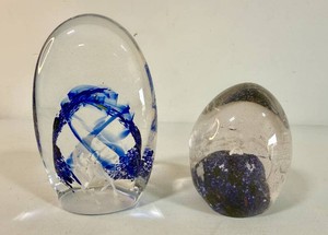 Two Egg Shaped Art Glass Paper Weights inc. James Sage