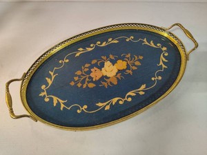 Vintage Mid-Century Marquetry Inlaid Wood Serving Tray wBrass Handles - Made in Italy