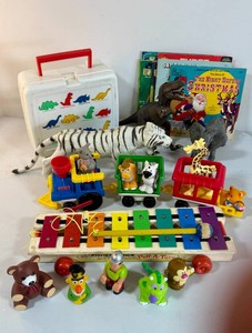Vintage Toys Dinosaurs, Fisher Price Pull - A - Tune, Pull Train, Book and Record Sets