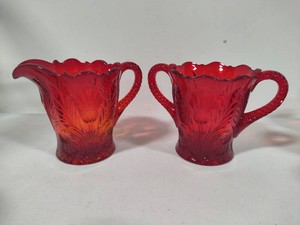 Mosser Glass Ruby Red Inverted Thistle Pattern Sugar & Creamer