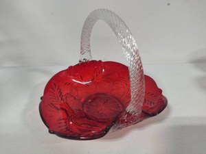 Mosser Glass Ruby Red Inverted Thistle Pattern wClear Glass Handled Basket