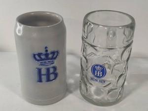Hofbrauhaus Munchen Salt Glazed Stoneware & Glass Beer Steins