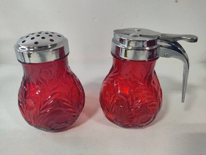 Mosser Glass Ruby Red Inverted Thistle Pattern Shaker & Syrup Dispenser