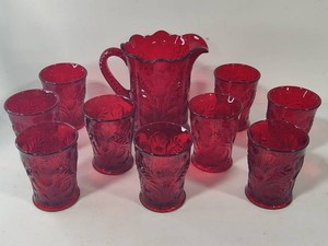 Mosser Glass Ruby Red Inverted Thistle Pattern Pitcher & Nine Glasses