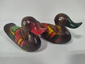 Pair or Hand Carved Wooden Hand Painted Korean Wedding Ducks