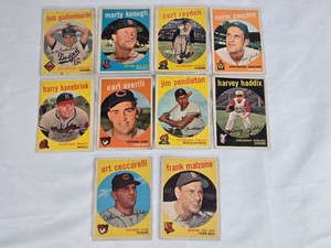 Lot of 10 Vintage Topps 1959 Baseball Cards Featuring Bob Giallombardo, Marty Keough, Curt Raydon, Norm Zauchin, Harry Hanebrink, Earl Averill, Jim Pendleton, Harvey Haddix, Art Ceccarelli, Frank Malzone