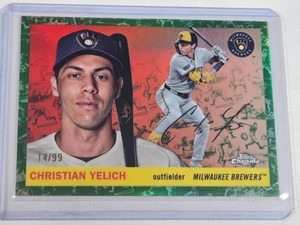 Christian Yelich 2025 Topps Chrome Green Refractor #19 and Numbered 1499 - Milwaukee Brewers Baseball Card