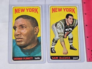 Lot of 2, 1965 Football Cards Featuring Sherman Plunkett and Sam DeLuca - New York Jets Vintage Football Cards